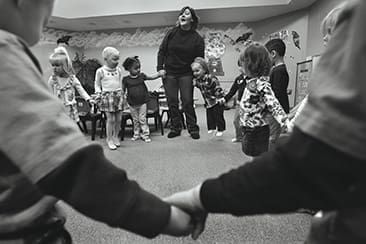 A teacher leads a preschool class at The Crossing, a multisite megachurch that started in Quincy, Illinois.