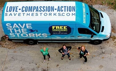 Save the Storks is a pro-life nonprofit that offers free pregnancy tests, sonograms, and counseling inside its colorful, mobile, medical, pregnancy centers it parks in front of abortion clinics.