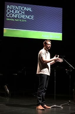 Aaron Brockett speaks at the Intentional Church Conference at First Christian Church, Decatur, Illinois.