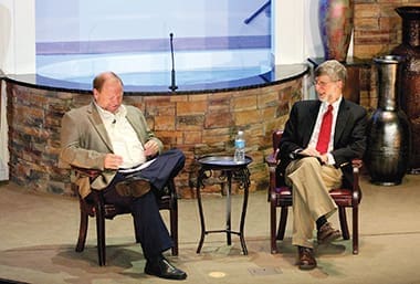 The School of Christian Thought launched in August 2014 with Dr. Marvin Olasky (right), editor-in-chief of World magazine. Olasky spoke on how to develop a Christian worldview. Here he speaks with David Young.