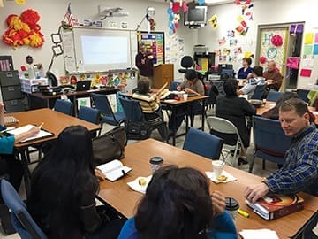 David Fish teaches his Spanish language Sunday school class at College Heights Christian Church in Joplin, Missouri.