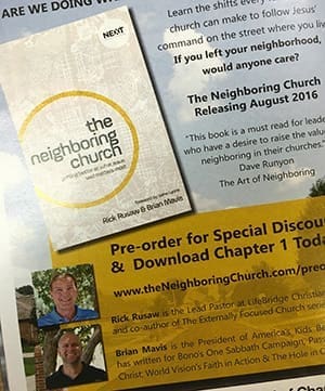 A page from the Pastor Resources catalog, showing "The Neighboring Church" by Rick Rusaw and Brian Mavis.