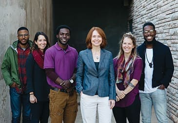 Dr. Miriam Perkins (in the blue jacket) and the Emmanuel Christian Seminary students mentioned in the essay (from left): Kalvin Cummings, Jordan Gignilliat, Stephond Allmond, Perkins, Sarah Colson, and Trevor Wentt. (Photo by Trevor Wentt)